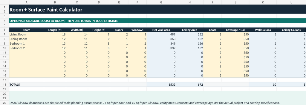 Painting room and surface calculator Excel worksheet