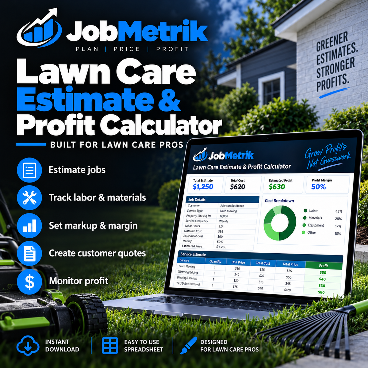 Lawn care estimate and profit calculator dashboard