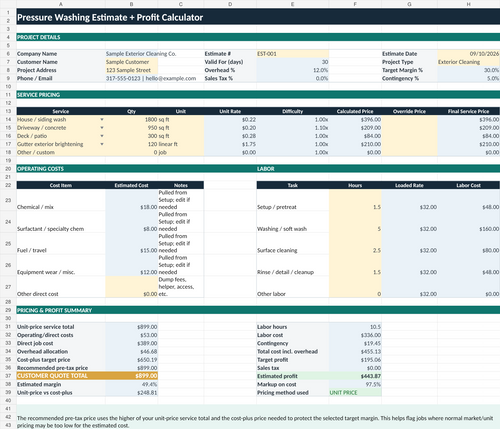 Pressure washing estimate spreadsheet with service pricing labor and profit
